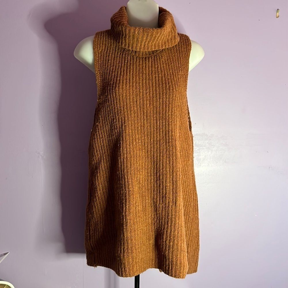 Free People Women’s Sleeveless Sweater Small | Brown Cowl Neck Knit Top Boho
